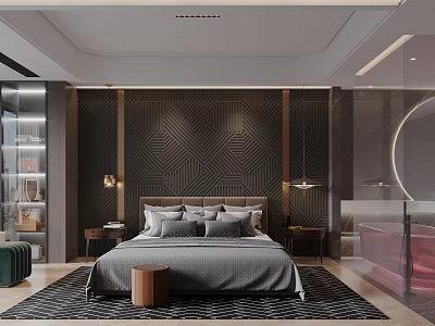 Modern Luxury Bedroom Interior With Geometric Wall Design Gray Bedding And Area Rug 3d model