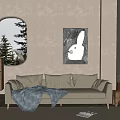 Beige Two-Seater Sofa With Cushions Gray Blanket Rabbit Painting By Oval Window Pine Trees