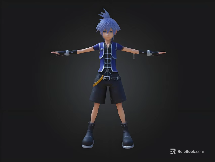 Anime Character With Blue Hair Blue Vest Black Shorts Boots Arms Outstretched On Black Background 3d model