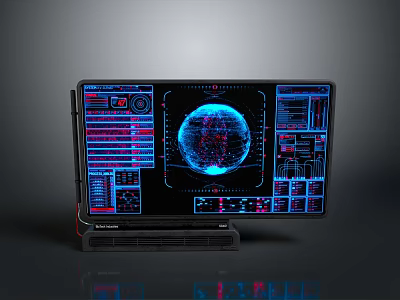 Advanced Computer Monitor with Digital Globe Multi Panel Data Interface and Blue Red Illuminated Design 3d model