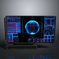 Advanced Computer Monitor with Digital Globe Multi Panel Data Interface and Blue Red Illuminated Design 3d model