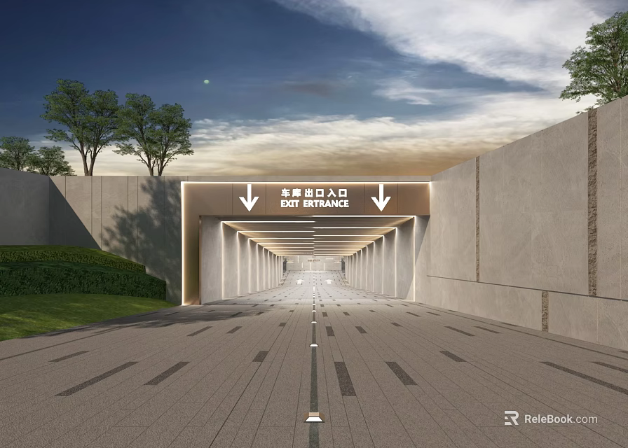Soft Entrance Tunnel with Arrow Signs Gray Walls Green Lawn and Blue Sky 3d model 