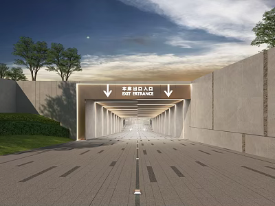 Soft Entrance Tunnel with Arrow Signs Gray Walls Green Lawn and Blue Sky 3d model