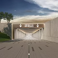 Soft Entrance Tunnel with Arrow Signs Gray Walls Green Lawn and Blue Sky