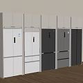 Multiple White And Gray Refrigerators Arranged In Modern Room With Wooden Floor And Window Blinds