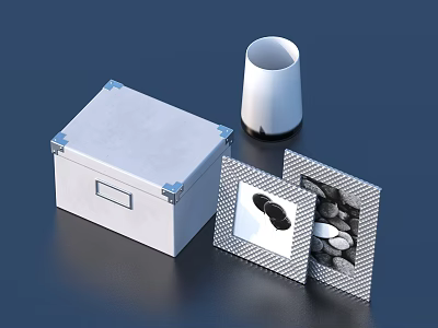 Household Living Supplies White Storage Box With Metal Corners Cup And Picture Cards 3d model