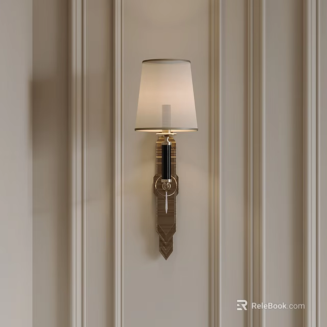 Elegant Wall Lamp with White Fabric Lampshade on Paneled Wall and Classic Metal Frame Design 3d model 