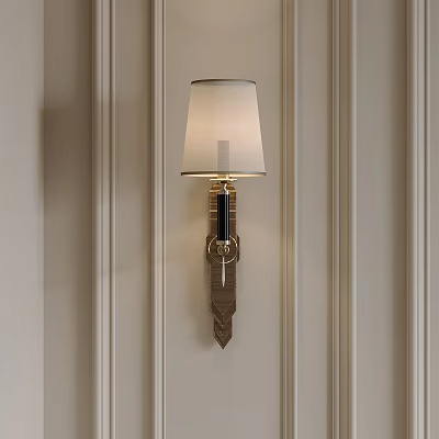 Elegant Wall Lamp with White Fabric Lampshade on Paneled Wall and Classic Metal Frame Design 3d model