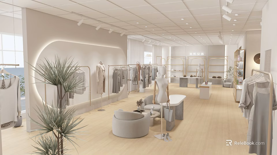 Modern Clothing Store Interior With Clothing Racks Mannequins Sofa And Green Plants 3d model 