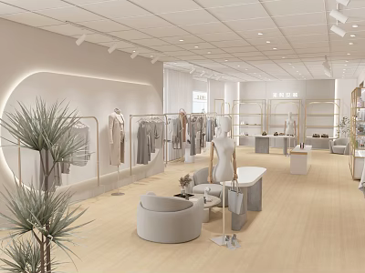 Modern Clothing Store Interior With Clothing Racks Mannequins Sofa And Green Plants 3d model