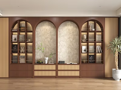 Modern Study Room With Wooden Bookshelves Books Decorative Items And Potted Plant 3d model