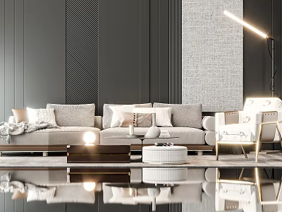 Elegant Modern Sofa Coffee Table Set With Light Gray Upholstery Round Ottoman And Floor Lamp 3d model