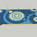 Colorful Outdoor Basketball Court With Concentric Circle Patterns Street Lamp And Benches