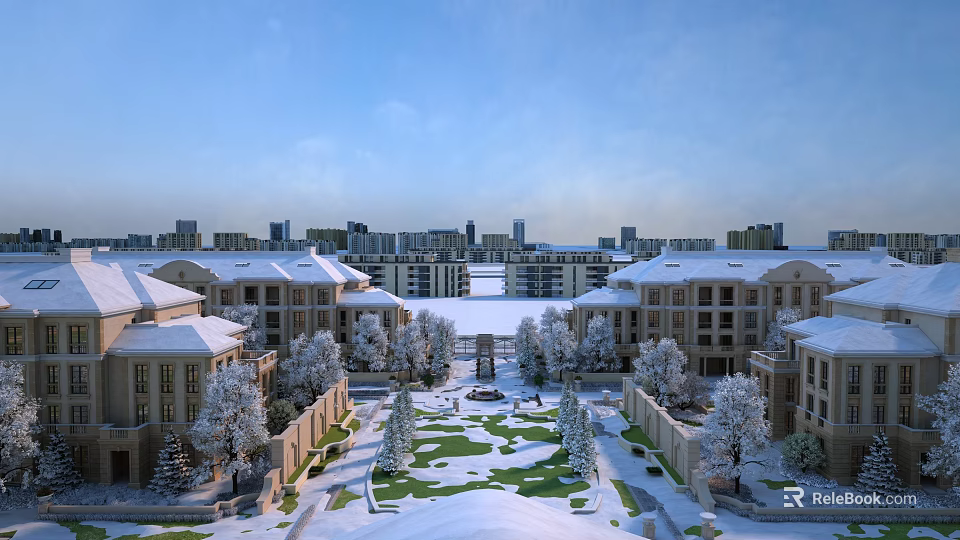 Snow Covered Residential Area With Trees Lawns And Clear Sky 3d model 
