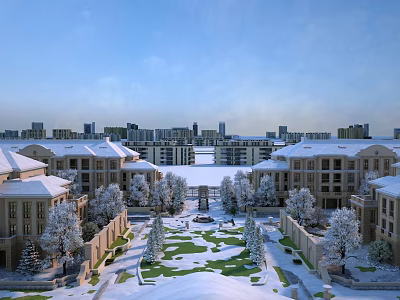 Snow Covered Residential Area With Trees Lawns And Clear Sky 3d model