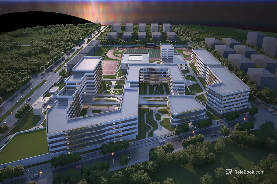 Modern School Campus With Multiple Teaching Buildings Green Landscaping And Sports Field 3d model 