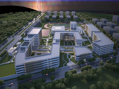 Modern School Campus With Multiple Teaching Buildings Green Landscaping And Sports Field 3d model