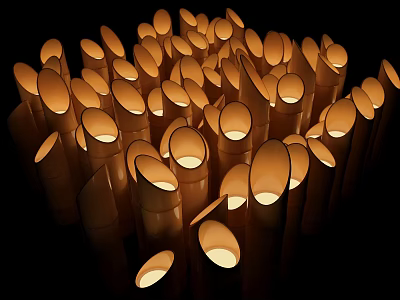 Lit Cylindrical Candles Arrangement Glowing Brightly In Dark Background 3d model