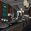Classic Restaurant Interior With Wooden Decor Hanging Lanterns And Dining Tables