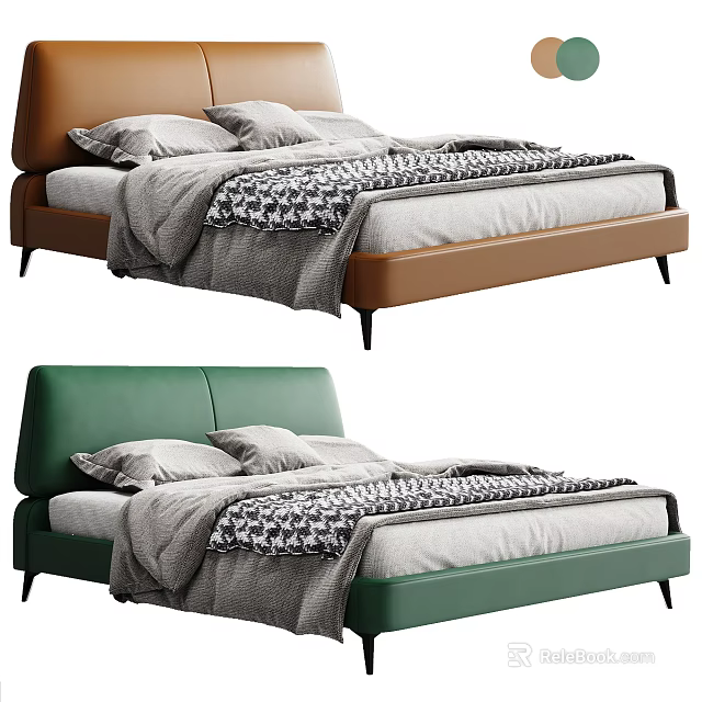 Modern Double Bed With Leather Headboard Brown And Green Gray Blanket Patterned Quilt And Pillows 3d model 