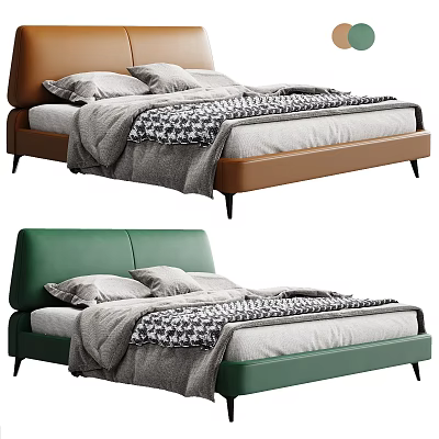 Modern Double Bed With Leather Headboard Brown And Green Gray Blanket Patterned Quilt And Pillows 3d model