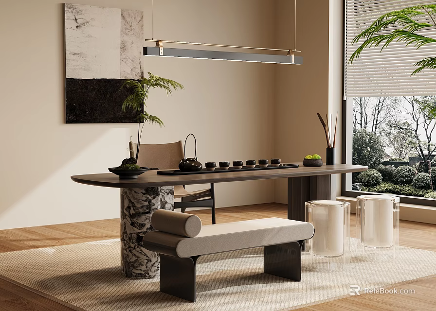 Tea Room Interior Design With Tea Table Tea Sets Decorative Painting Natural Light And Plants 3d model 