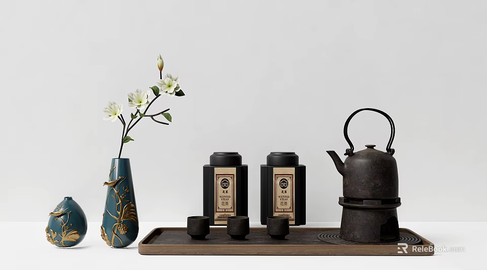 Traditional Tea Set with Cast Iron Teapot Tea Canisters and Teacups on Wooden Tray 3d model 