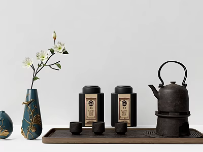 Traditional Tea Set with Cast Iron Teapot Tea Canisters and Teacups on Wooden Tray 3d model
