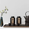 Traditional Tea Set with Cast Iron Teapot Tea Canisters and Teacups on Wooden Tray