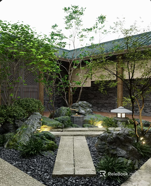 Traditional Chinese Courtyard Garden With Stone Pathway Rock Formations Green Plants And Lantern 3d model 