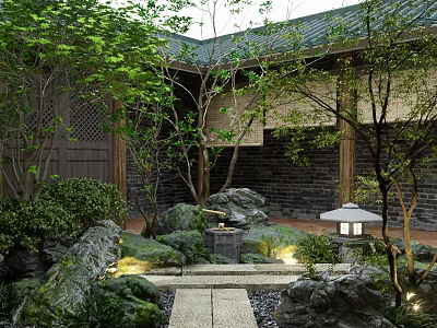 Traditional Chinese Courtyard Garden With Stone Pathway Rock Formations Green Plants And Lantern 3d model