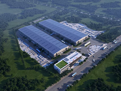 Aerial view of modern industrial factory with large metal roof surrounding greenery and parking areas 3d model