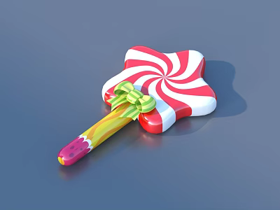 Colorful Swirl Lollipop With Red White Spiral Flower Shaped Top And Green Bow 3d model