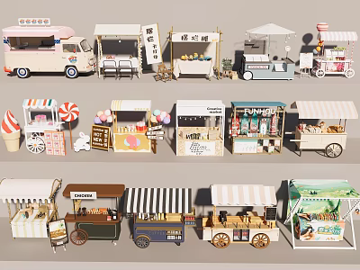Various Colorful Food And Dessert Market Stalls With Mobile Carts And Awnings 3d model