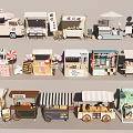 Various Colorful Food And Dessert Market Stalls With Mobile Carts And Awnings