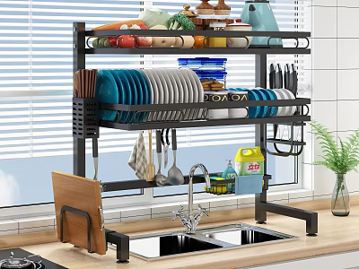 Kitchen Storage Shelf with Vegetables Fruits Plates Bowls and Utensils in Modern Kitchen Sink Area 3d model