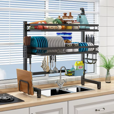 Kitchen Storage Shelf with Vegetables Fruits Plates Bowls and Utensils in Modern Kitchen Sink Area 3d model