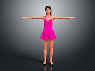 Woman In Pink Dress With Necklace And Black Hair Arms Outstretched On Gray Background 3d model