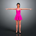 Woman In Pink Dress With Necklace And Black Hair Arms Outstretched On Gray Background