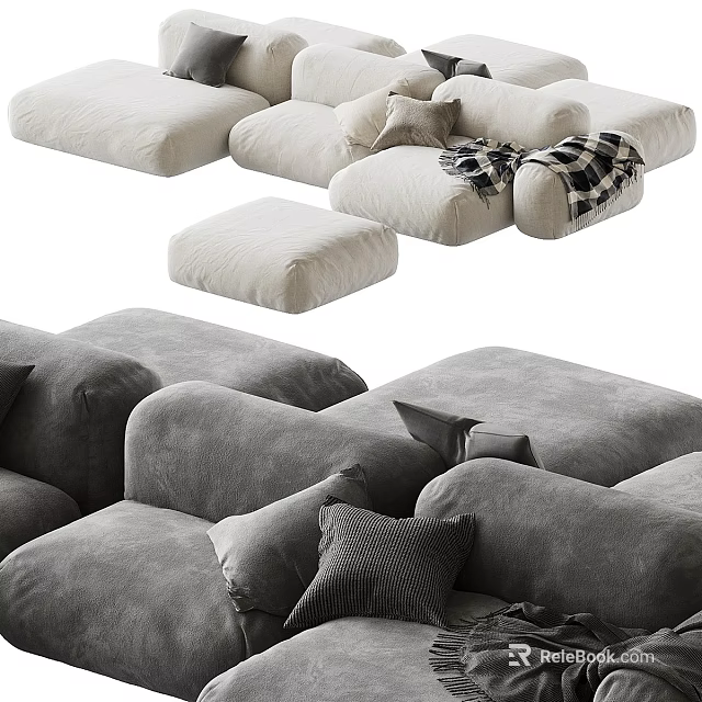 Modular Sectional Sofa Set With Velvet Upholstery Gray Beige Accent Pillows And Ottoman 3d model 