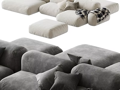 Modular Sectional Sofa Set With Velvet Upholstery Gray Beige Accent Pillows And Ottoman 3d model