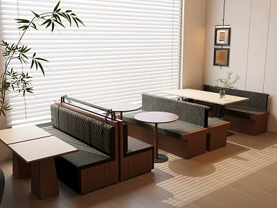 Banquette Sofas by Window with Small Tables Sunlight Through Blinds Green Plants and Wall Art 3d model