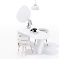 White Modern Dining Table Set With Upholstered Chairs Pendant Light And Branches Vase