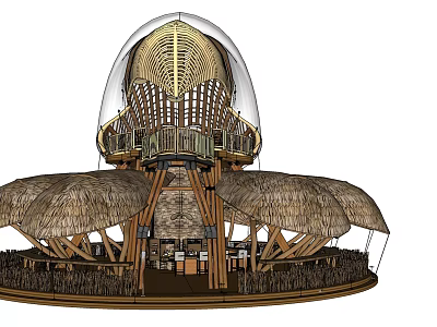 Unique Dome Architectural Structure With Wooden Frame Transparent Top And Multiple Thatched Roof Sections 3d model