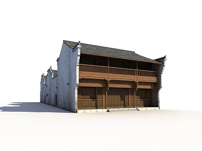 Traditional Chinese Ancient Architecture With Gray Tiled Roof White Walls And Wooden Balcony 3d model