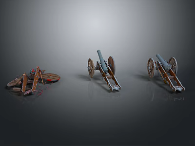 Three Ancient Military Cannons With Wheels In Different Styles And Gray Brown Colors 3d model
