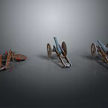 Three Ancient Military Cannons With Wheels In Different Styles And Gray Brown Colors