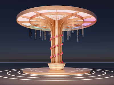 Wooden Art Installation With Circular Top Hanging Chains Red Flowers Pink Decorations And Illuminated Base 3d model