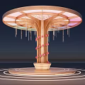 Wooden Art Installation With Circular Top Hanging Chains Red Flowers Pink Decorations And Illuminated Base