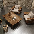 Natural Wooden Leisure Sofa Set With Green Plant Coffee Table And Brick Wall